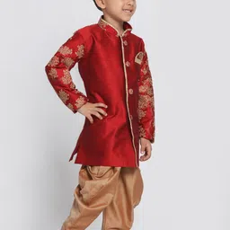VASTRAMAY Boys Maroon & Gold-Coloured Woven-Design Slim-Fit Sherwani Set image 5