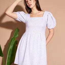 Marie Claire Purple Cotton Chequered A-Line Dress-picture-14