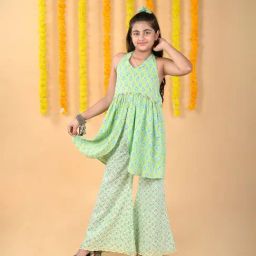 Budding Bees Kids Mint Green Floral Print Top with Sharara-picture-45