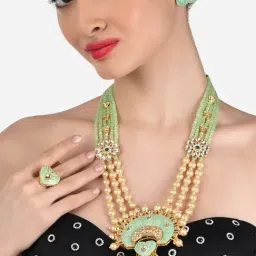 Zaveri Pearls Green Meenakari Long Multistrand Beaded Bridal Necklace Earring & Ring Set-ZPFK12210-image-20