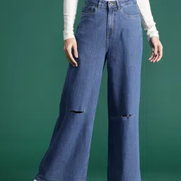 DressBerry Women Wide Leg Slash Knee Stretchable Jeans-image-37