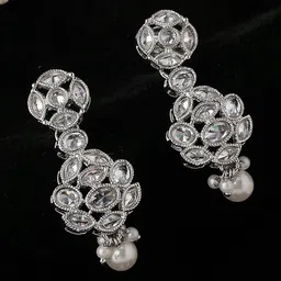 SALONI FASHION JEWELLERY Silver Plated Kundan Studded & Pearls Beaded Oval Drop Earrings-picture-15