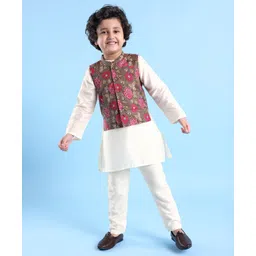Babyhug 100% Cotton Full Sleeves Kurta & Pyjama With Floral Print Waistcoat - Cream Brown & White-image-7
