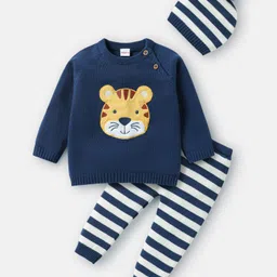 Babyhug Knit Full Raglan Sleeves Sweater Set With Stripes & Animal Patch Work Detailing with Cap - Royal Blue-picture-17