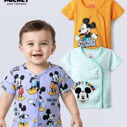 Babyhug Disney Interlock Knit Half Sleeves Front Open Jhablas With Mickey Mouse & Family Graphics Pack Of 3 - Lilac Light Green & Mustard-picture-10
