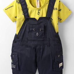 Dapper Dudes Solid Dungaree With Half Sleeves Typography Printed Tee Set - Parrot Green-picture-23