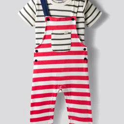 Bonfino 100% Cotton Knit Half Sleeves T-Shirt & Dungarees Set with Stripes - White Red & Grey-picture-13
