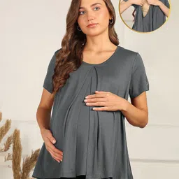 Zelena 95% Viscose 5% Lycra Half Sleeves Solid Maternity Top With Side Open Nursing Access - Charcoal Grey-picture-20