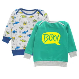 Kadam Baby Halloween Theme Cotton Knit Pack Of 2 Full Sleeves Boo Text Printed Light Winter Sweatshirt - Multi Colour & Green image 1