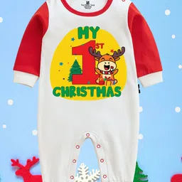 The Peppy Tend 100% Cotton Knit Christmas Theme Raglan Full Sleeves My 1st Christmas Text Printed Romper - White & Red-picture-18