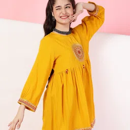 ISHTI Rayon Three Fourth Sleeves Mandala Embroidered Top - Yellow image 4