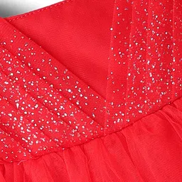Babyhug Woven Frill Sleeves Mesh Party Dress With Glittered Yoke - Red image 3