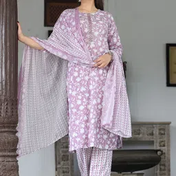 G4Girl Floral Printed Mirror Work Pure Cotton Straight Kurta With Trousers & Dupatta-picture-41