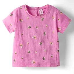 Babyhug Cotton Woven Frock & Half Sleeves Inner Tee With Floral Print & Embroidery - Black & Pink image 4
