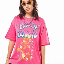 Bewakoof Women Official Disney Merchandise Pink Feelin Bougie Printed Oversized T-shirt-picture-16