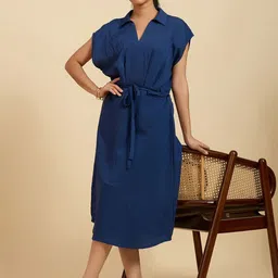 Komarri U Self Design Tie-Up Extended Sleeve Shirt Midi Dress image 3