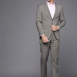 Louis Philippe Men Grey Self-Design Checked Slim-Fit Single-Breasted Formal Suit image 3