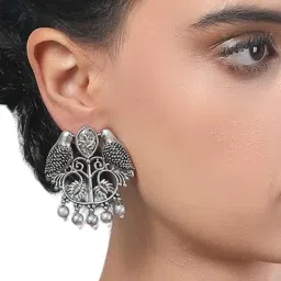 Auraa Trends Oxidized Silver Bird Motif Earrings With Floral Design And Dangling Beads-image-33