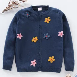 Babyhug Acrylic Knit Full Sleeves Pullover Sweaters with Floral Applique - Navy-picture-13