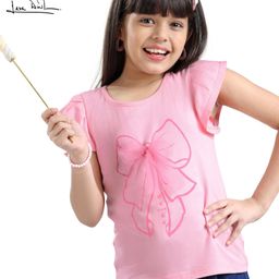 arias by lara dutta Arias Cotton Knit Half Sleeves Top With Tulle Bow - Pink-picture-23