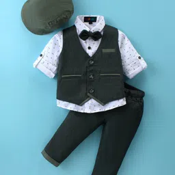 Robo Fry Lycra Knit Full Sleeves Solid Colour 3 Piece Party Suit with Bow & Hat - Dark Green-picture-14