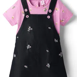 Babyhug Cotton Woven Frock & Half Sleeves Inner Tee With Floral Print & Embroidery - Black & Pink-picture-16