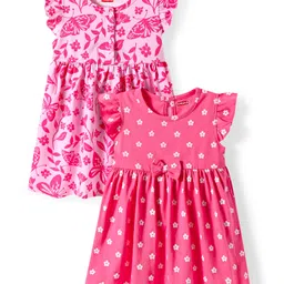 Babyhug Cotton Knit Frill Sleeves Floral & Butterfly Printed Frocks with Bow Applique Pack of 2 - Dark Pink-picture-11