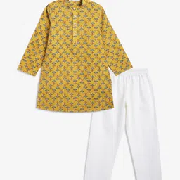Campana 100% Cotton Woven Full Sleeves Parijat Flower Printed Kurta Pyjama Set - Mustard-picture-27
