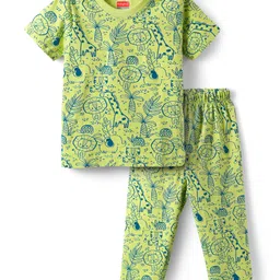 Babyhug Cotton Knit Half Sleeves Co-ord Night Suit with Animal Print - Green-picture-15