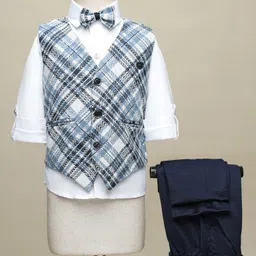 Radutu Full Sleeves Checked 3 Piece Party Suit With Bow Set - Blue & White image 1