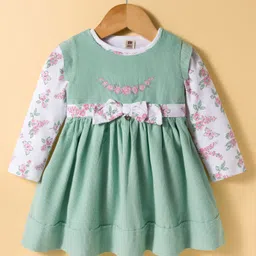 ToffyHouse Cotton Woven Frock & Full Sleeves Inner Tee With Floral Print & Embroidery - Teal Blue & White-picture-18