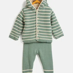 JWAAQ Cotton Knit Full Sleeves Striped Hooded Sweater With Pant Set - Olive-picture-10