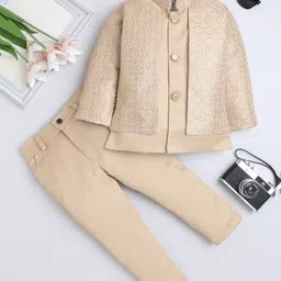 Fourfolds Jacquard Woven Full Sleeves Geometric Loop Motifs Textured Blazer & Trouser Set - Beige-picture-14