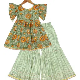 AATYA KIIDS Girls Floral Printed Regular Gotta Patti Pure Cotton Kurta with Sharara image 2