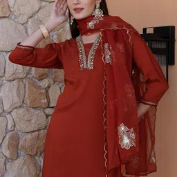 KALINI Women Floral Embroidered Regular Thread Work Kurta with Trousers & With Dupatta image 5