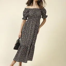 StyleCast X SERA Floral Print Off-Shoulder Puff Sleeve Crepe Fit & Flare Midi Dress-image-11