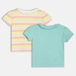 MINI KLUB Cotton Knit Pack Of 2 Half Sleeves Striped & Dog Printed Tops - White & Blue image 3