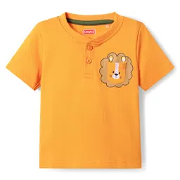 Babyhug Single Jersey Knit Half Sleeves T-Shirt & Shorts Set with Henley Neck Lion Print & Front Pocket - Mustard & Olive Green image 2