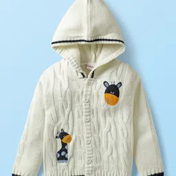Babyhug Knitted Full Sleeves Front Open Hooded Sweater Set With Cable Knit Design & Giraffe Embroidery - White & Navy Blue image 2