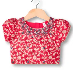 Babyhug Brocade Woven Half Puffed Sleeves Floral Foil Printed Choli Lehenga Set with Dupatta & Sequin Detailing - Navy Blue & Red image 2