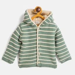 JWAAQ Cotton Knit Full Sleeves Striped Hooded Sweater With Pant Set - Olive image 3
