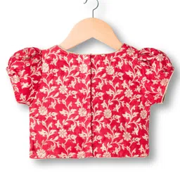 Babyhug Brocade Woven Half Puffed Sleeves Floral Foil Printed Choli Lehenga Set with Dupatta & Sequin Detailing - Navy Blue & Red image 3