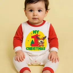 The Peppy Tend 100% Cotton Knit Christmas Theme Raglan Full Sleeves My 1st Christmas Text Printed Romper - White & Red image 4