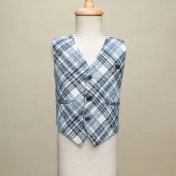 Radutu Full Sleeves Checked 3 Piece Party Suit With Bow Set - Blue & White image 4