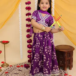 AJ Dezines Cotton Woven Sleeveless Floral Printed Gota Lace Embellished Coordinating Lehenga Choli With Dupatta Set - Purple image 5