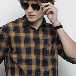 The Indian Garage Co Men Navy Blue & Mustard Yellow Checked Casual Shirt-image-89