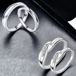 MYKI Unisex Set Of 4 Silver-Plated CZ-Studded Couple Adjustable Finger Rings-picture-14