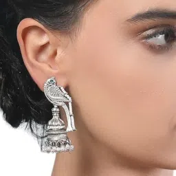 Auraa Trends Oxidized Silver Parrot Motif Jhumka Earrings With White Pearl Beads-picture-12