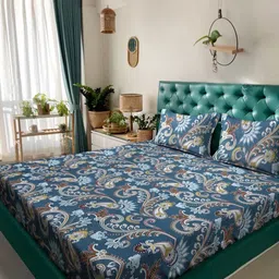 KLOTTHE Blue & Brown Floral Printed Flat 300 TC Double King Bedsheet with 2 Pillow Cover-image-98
