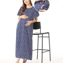 Bella Mama 100% Cotton Knit Half Sleeves Maternity & Nursing Nighty with Concealed Zipper Floral Print - Blue-picture-17
